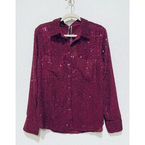 Anthropologie Top Womens Large Raspberry Remie Sequin Button Up Mob Wife Boho